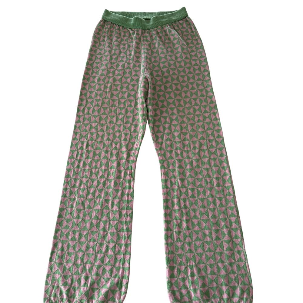 ANOTHER GIRL | Pink and Green Geometric Geo Knit Pattern Wide Leg Pants | Medium - Picture 2 of 5